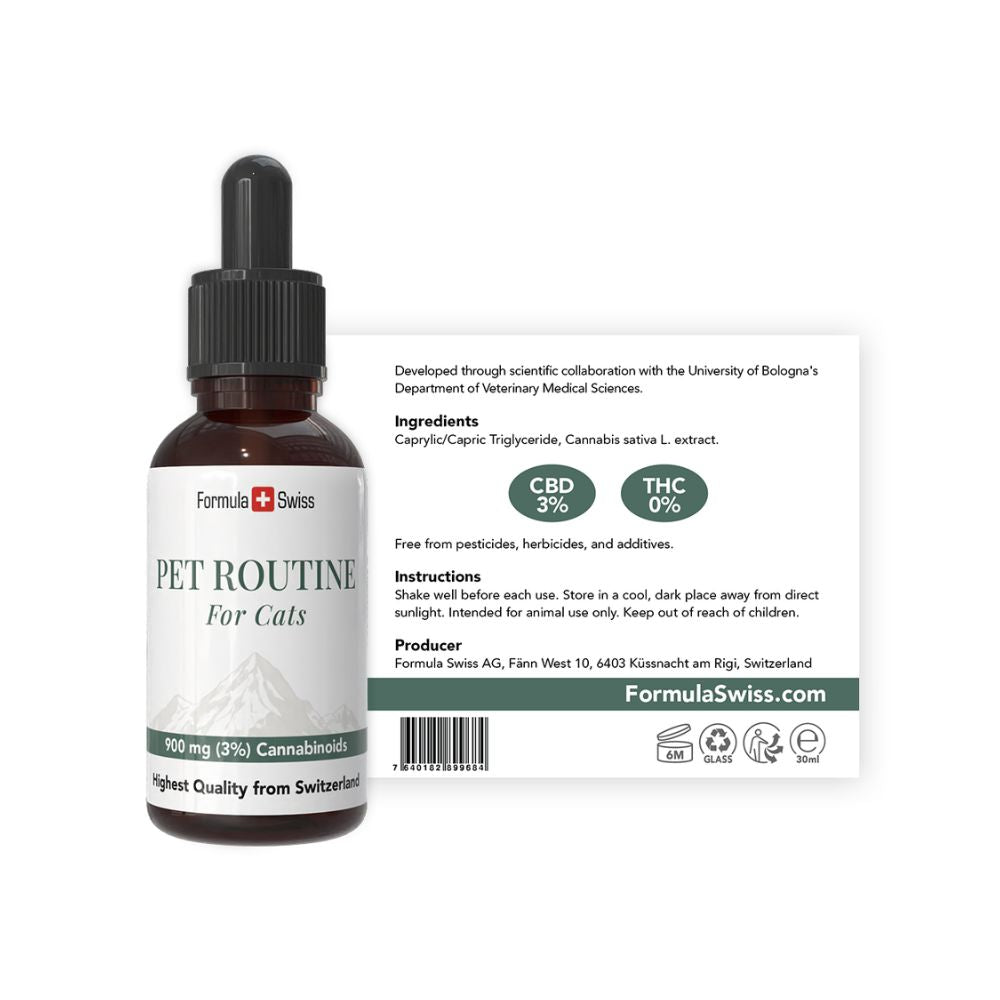 Bottiglia di olio di CBD per gatti di Formula Swiss con contagista su sfondo bianco