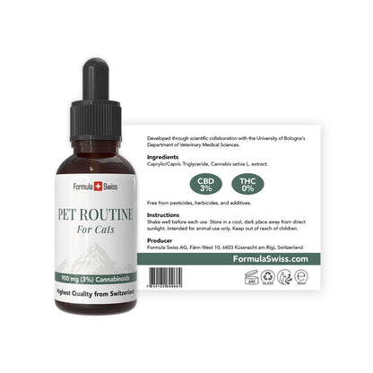 Bottiglia di olio di CBD per gatti di Formula Swiss con contagista su sfondo bianco
