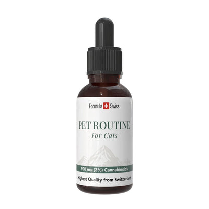Bottiglia di 'Pet Routine for Cats' con Formula Swiss branding su sfondo bianco