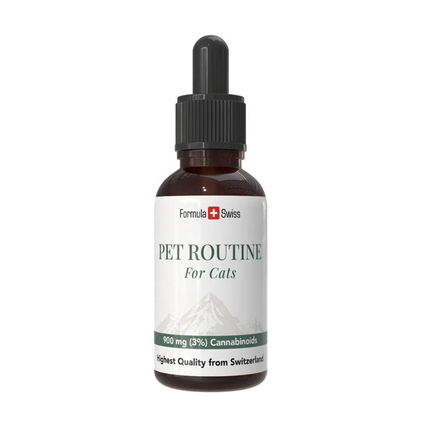 Bottiglia di 'Pet Routine for Cats' con Formula Swiss branding su sfondo bianco