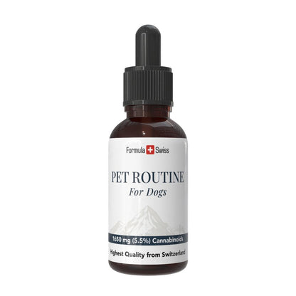 Bottiglia di 'Pet Routine for Dogs' con un'etichetta bianca su sfondo bianco