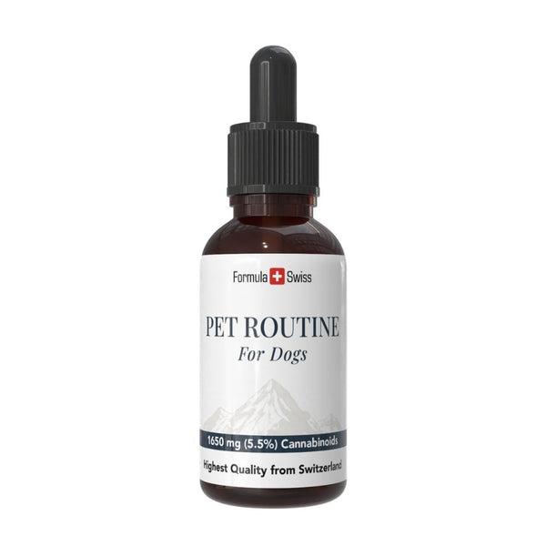 Bottiglia di 'Pet Routine for Dogs' con un'etichetta bianca su sfondo bianco