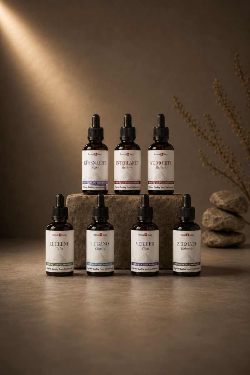 Raccolta di olio di CBD Formula Swiss con sette bottiglie contaconere di ambra disposte su pietra in un ambiente da studio premium.