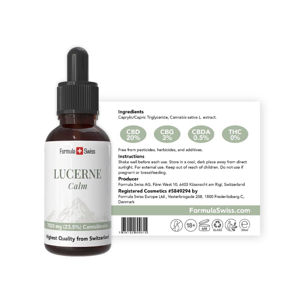 Flacone di Lucerne Calm con etichetta su sfondo bianco