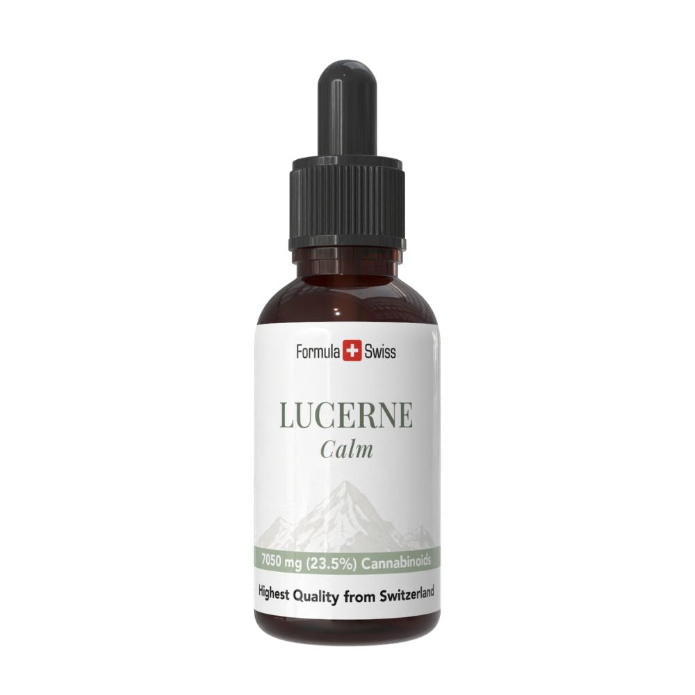 Flacone di Lucerne Calm con logo Formula Swiss su sfondo bianco