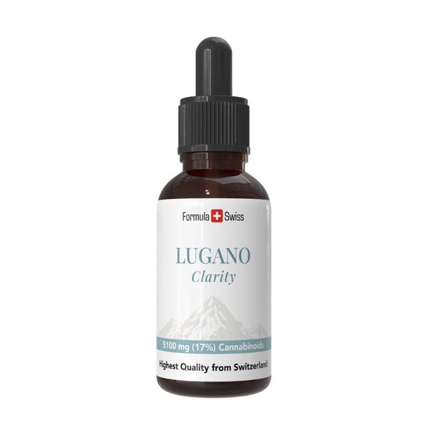 Flacone di Lugano Clarity con logo Formula Swiss su sfondo bianco