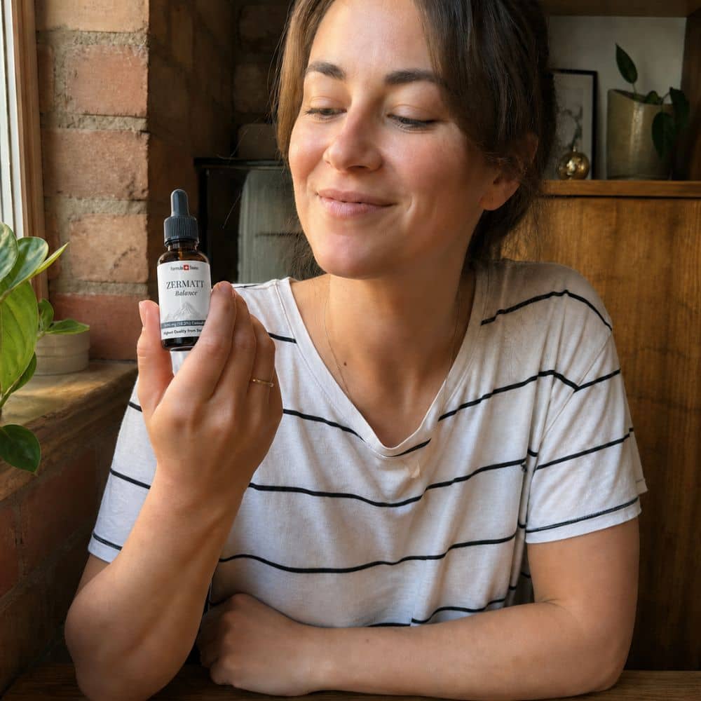 Donna che tiene in mano un flacone di olio di CBD Zermatt in un ambiente domestico accogliente