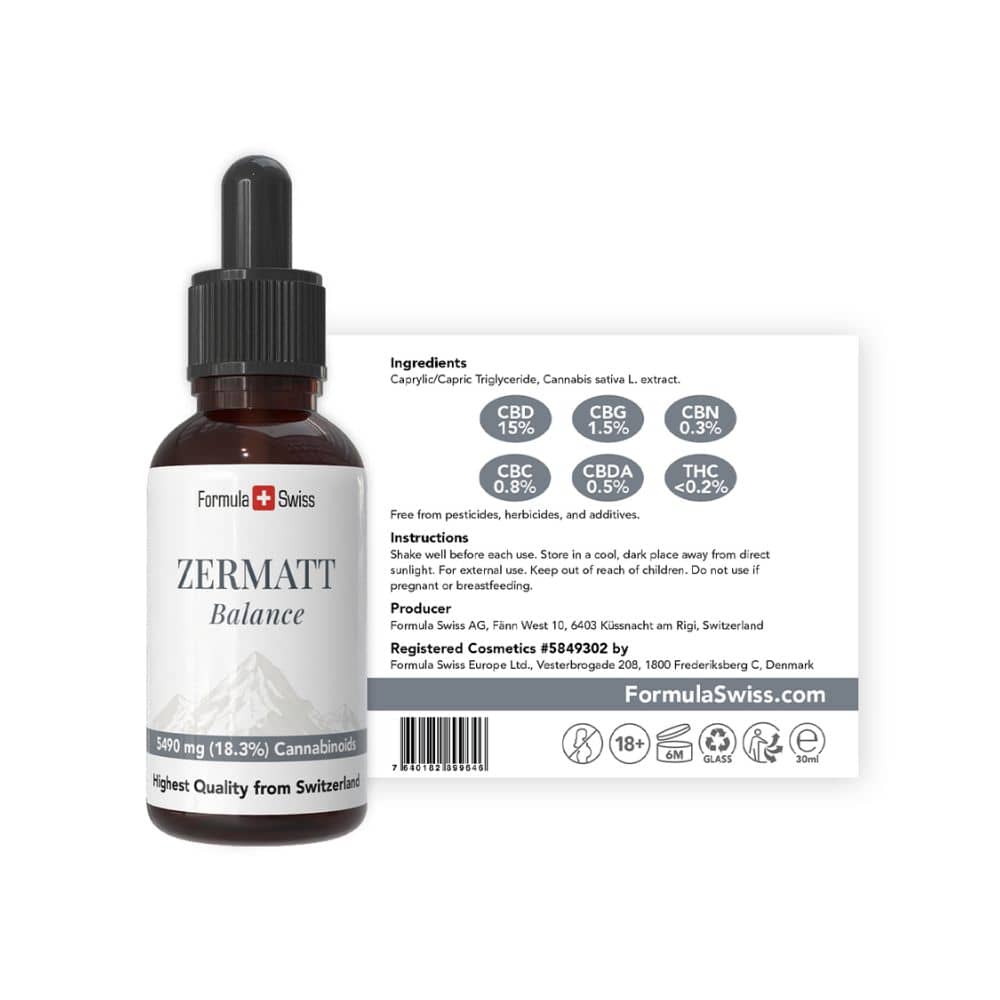 Flacone di CBD Zermatt Balance con etichetta su sfondo bianco