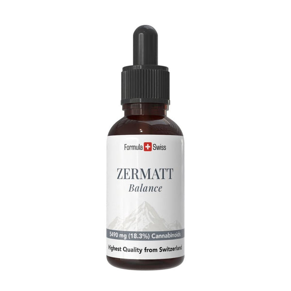 Flacone di olio di CBD Zermatt con logo Formula Swiss su sfondo bianco