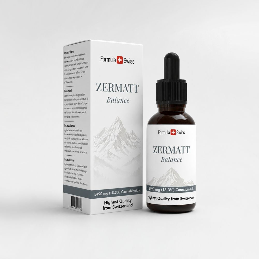 Confezione di Zermatt Balance con flacone e scatola su sfondo grigio chiaro